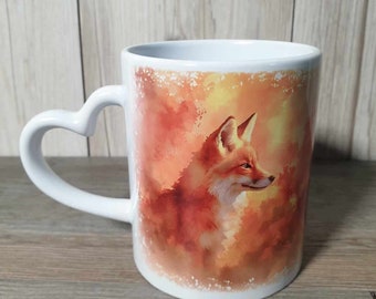 Mug à anse coeur motif aquarelle renard roux