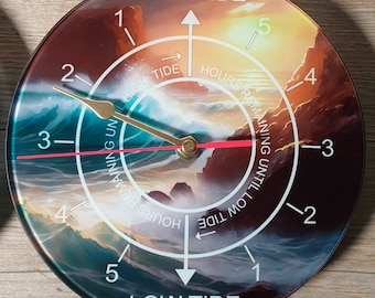 20cm Printed glass High and low Tide Time WALL CLOCK showing hours to the tides
