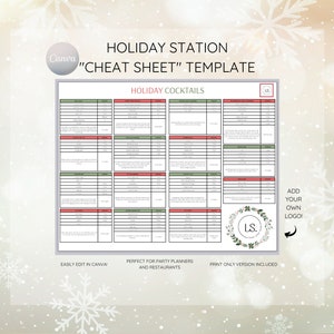 May include: A printable holiday cocktail cheat sheet template with a red and green colour scheme. The template includes a list of holiday cocktails with their ingredients and instructions. The template also includes a space for a logo.