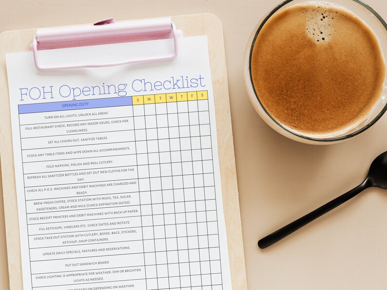 FOH Opening Checklist, Server Opening Checklist, Editable Restaurant ...