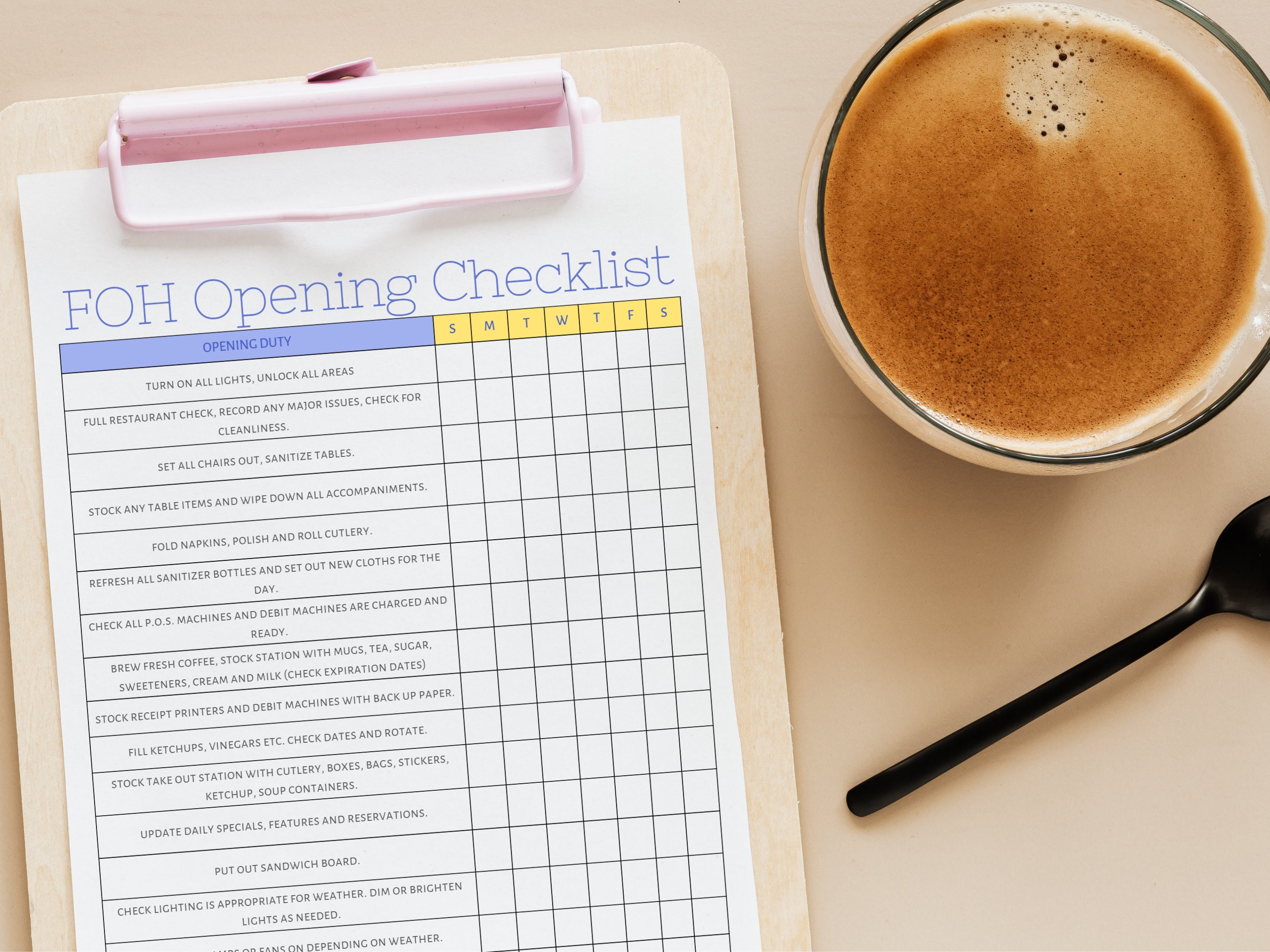 FOH Opening Checklist, Server Opening Checklist, Editable Restaurant ...