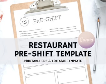 Pre-Shift for Restaurants, Editable Pre Shift Template, Restaurant Forms, Instant Download, Edit Free with Canva, Print Only PDF Included