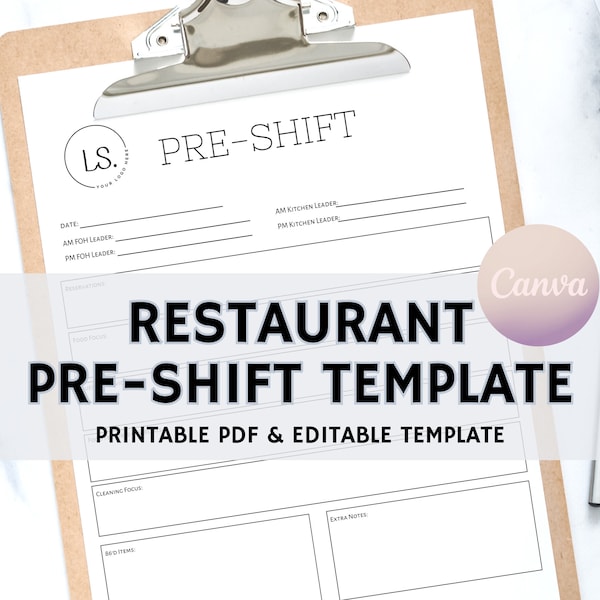Pre-Shift for Restaurants, Editable Pre Shift Template, Restaurant Forms, Instant Download, Edit Free with Canva, Print Only PDF Included