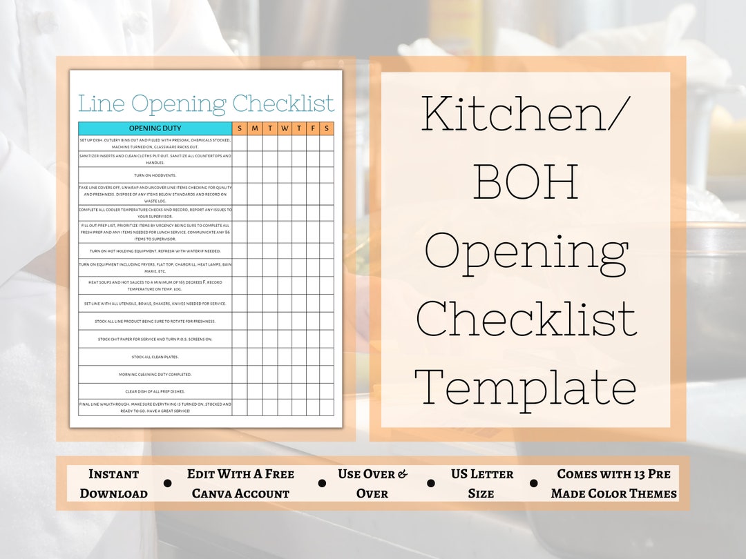 BOH Opening Checklist Professional Kitchen Editable Opening Etsy