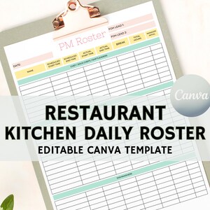 Kitchen Roster, Daily Kitchen Schedule, Large Restaurant Daily Roster, Editable Template, Edit Free with Canva, Kitchen Schedule Template