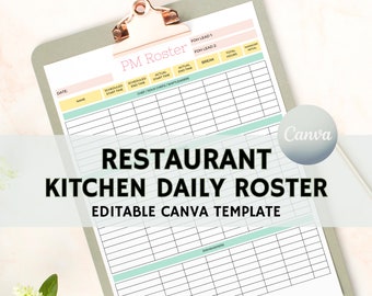 Kitchen Roster, Daily Kitchen Schedule, Large Restaurant Daily Roster, Editable Template, Edit Free with Canva, Kitchen Schedule Template