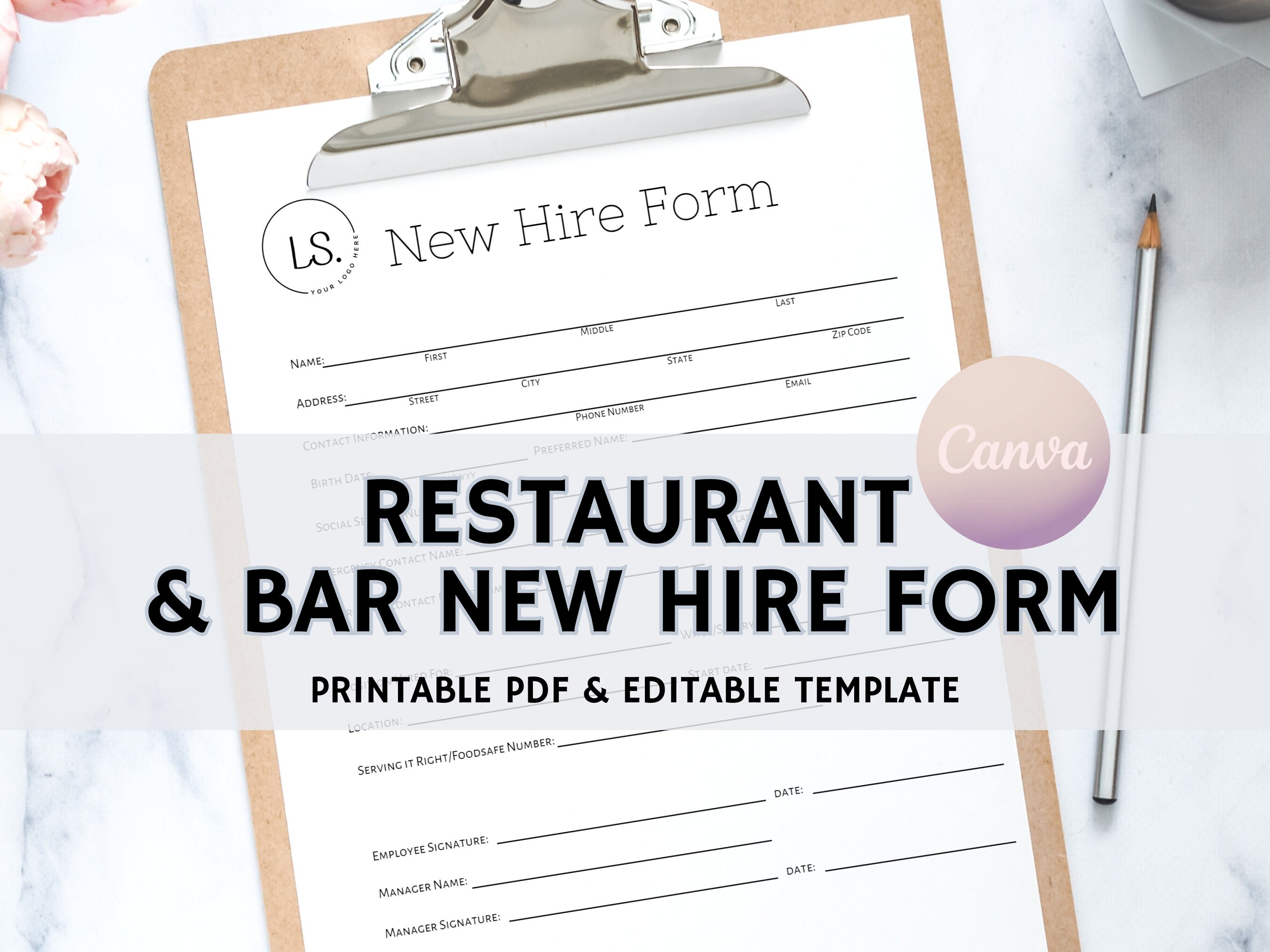 New Employee Hiring Form, Employee On-Boarding Document, New Hire Sheet, Restaurant Hiring Form, Editable Template, Instant Download