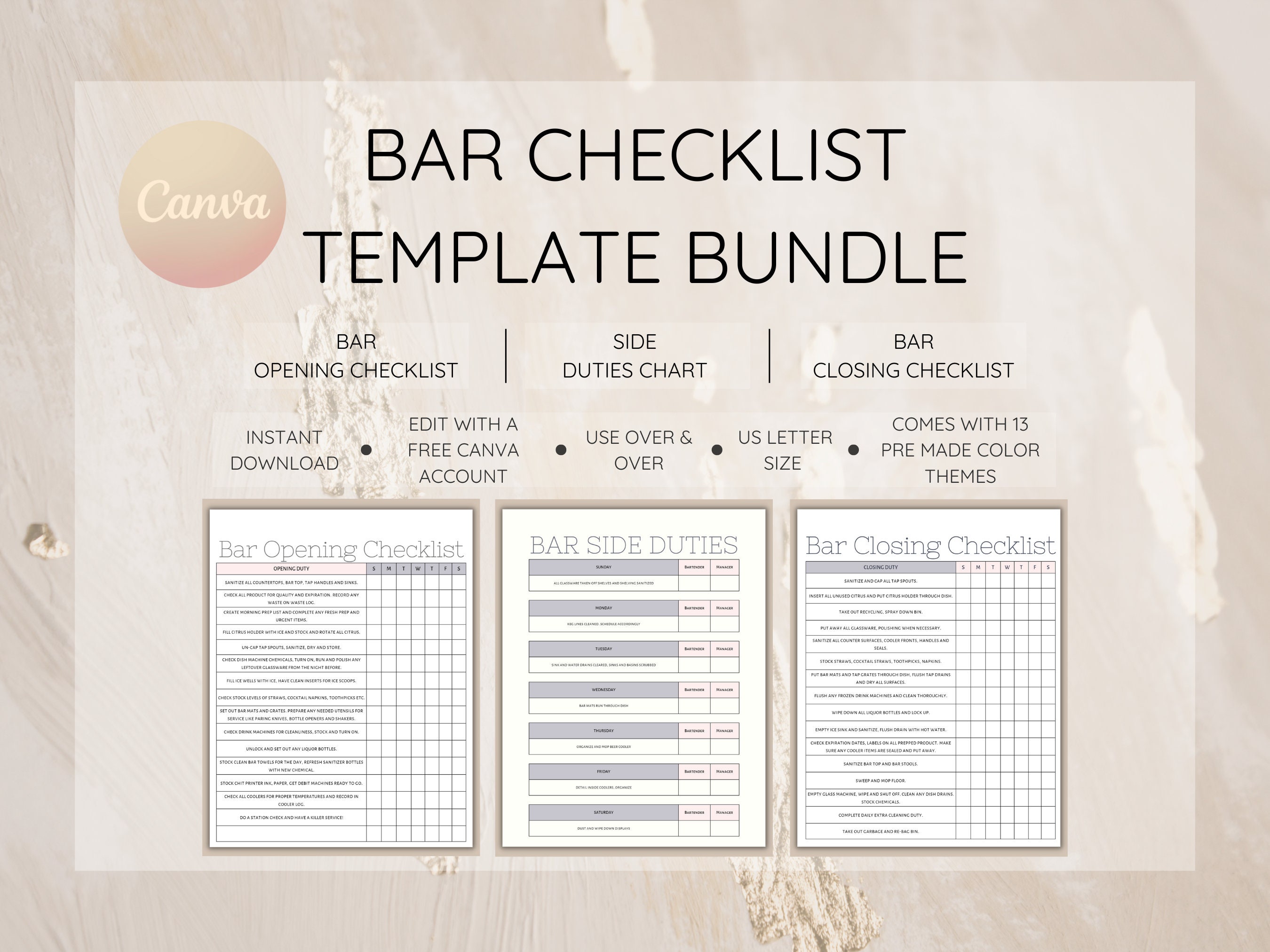 Bar Template Bundle Includes Opening Checklist Closing Etsy