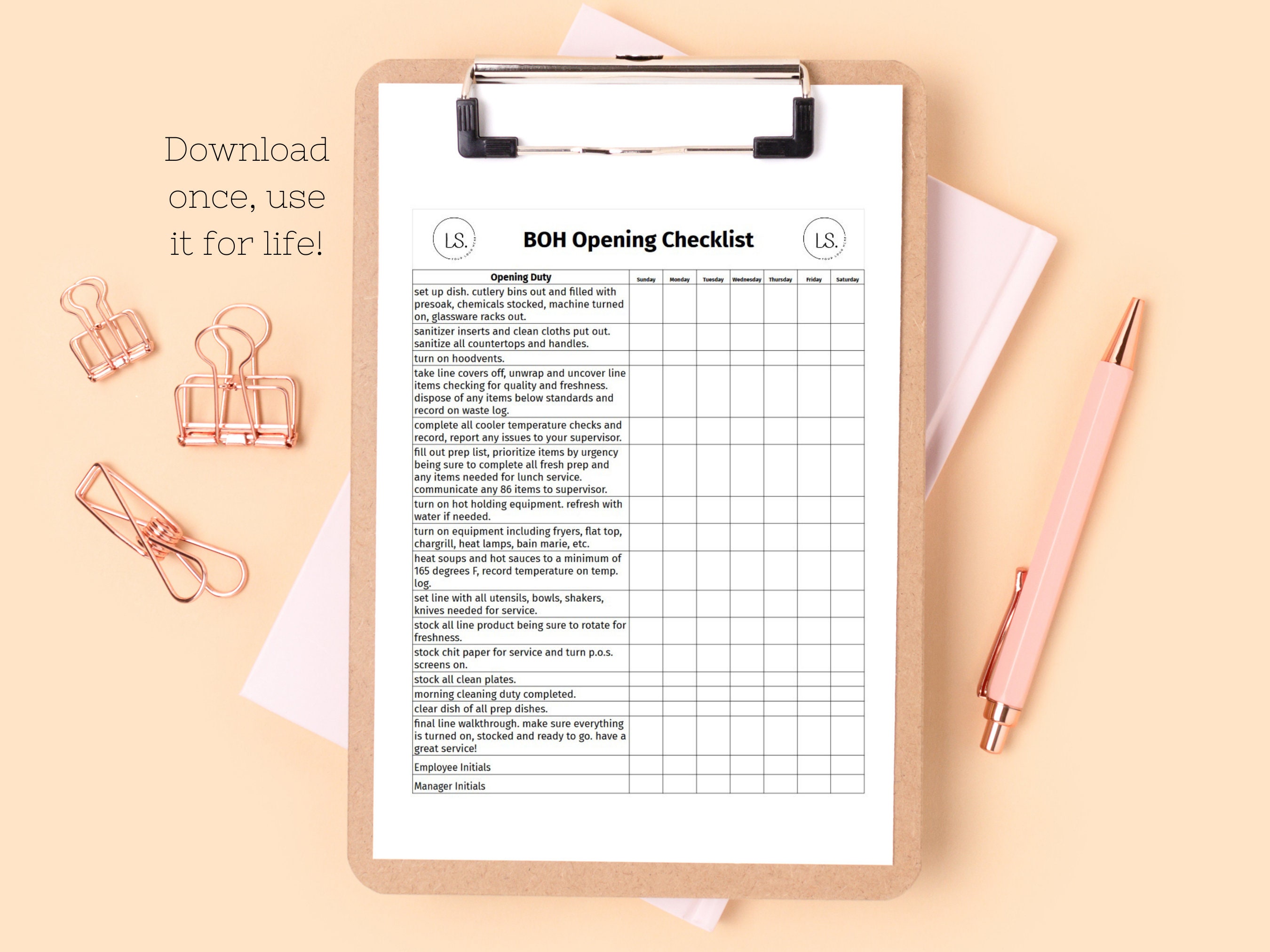 BOH Opening Checklist Kitchen Opening Checklist Template Etsy