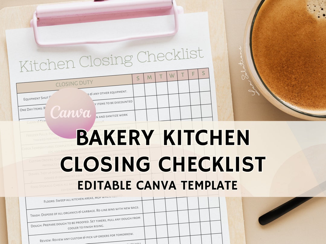 Bakery Closing Checklist, Editable Template for Bakeries, Bakery
