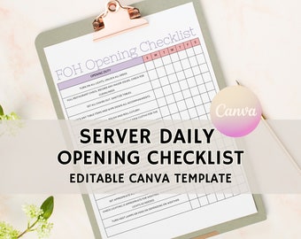 FOH Opening Checklist, Server Opening Checklist, Editable Restaurant & Bar Template, Edit Free with Canva, Instant Download, Printable PDF