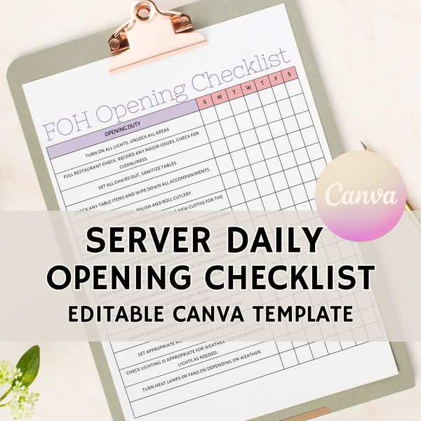 FOH Opening Checklist, Server Opening Checklist, Editable Restaurant & Bar Template, Edit Free with Canva, Instant Download, Printable PDF