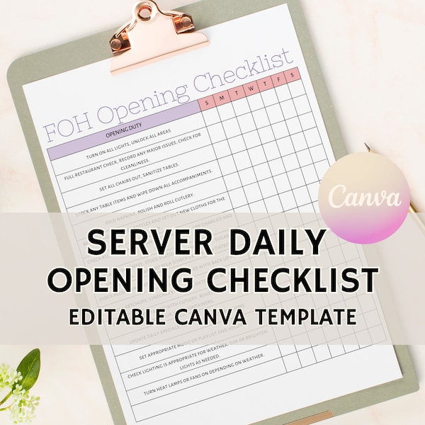 FOH Opening Checklist, Server Opening Checklist, Editable Restaurant & Bar Template, Edit Free with Canva, Instant Download, Printable PDF