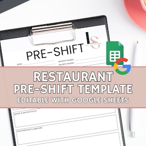 以下が含まれることがあります： レストラン向けの白いプレシフトテンプレートで、ピンクのボックスに「RESTAURANT PRE-SHIFT TEMPLATE EDITABLE WITH GOOGLE SHEETS」というテキストが書かれています。テンプレートには、日付、午前BOHリーダー、午後BOHリーダー、ゲストとサービスの焦点、そしてフードの特徴とスペシャルのセクションが含まれています。