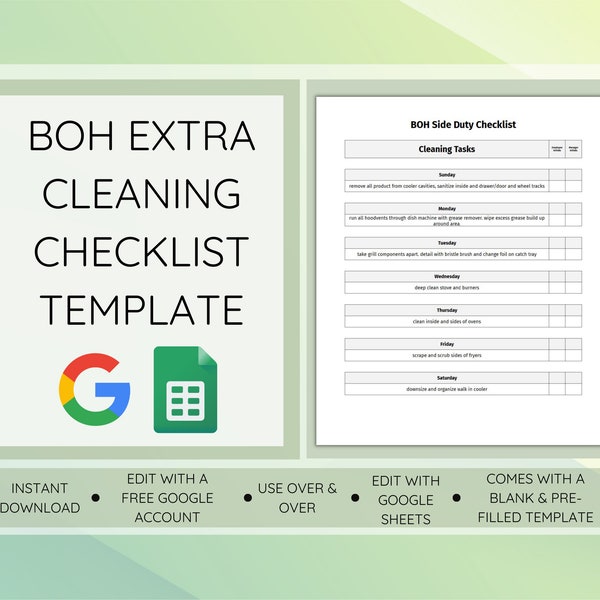 BOH Extra Cleaning Checklist, Kitchen Side Duty Checklist Template, Editable Kitchen Template, Edit with Google Sheets, Google Docs