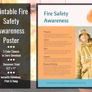 May include: Printable fire safety awareness poster with a red and orange fire icon. The poster includes tips on how to prepare, learn, plan, inspect, and respond calmly in case of a fire. The text "Fire prevention and regular inspections can save lives." is at the bottom of the poster.