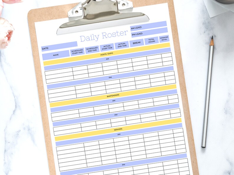 Small Daily Restaurant Schedule, Daily Service Roster for Restaurants ...