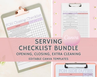 FOH Checklist Template Bundle, Restaurant & Bar Serving Checklists, Editable Restaurant Templates, Edit Free with Canva, Instant Download