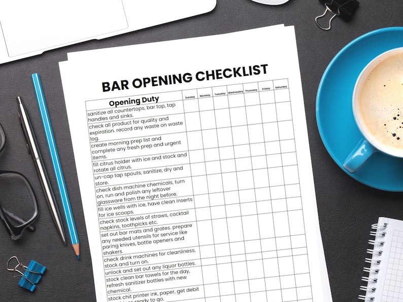 Bar Checklist Bundle, Editable Templates for Bartenders, Opening