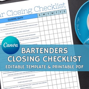 Bar Closing Checklist, Restaurant Bar Cleaning list, Bar Templates, Restaurant and Bar Editable Templates, Cafe Template, Brewery Template