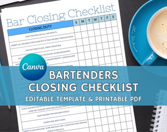 Bar Closing Checklist, Restaurant Bar Cleaning list, Bar Templates, Restaurant and Bar Editable Templates, Cafe Template, Brewery Template