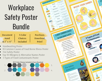 May include: A bundle of workplace safety posters, including handwashing, foodborne illness, fire safety, allergens, and food contaminants. The posters are available in five colour choices and are 8.5 inches by 11 inches.