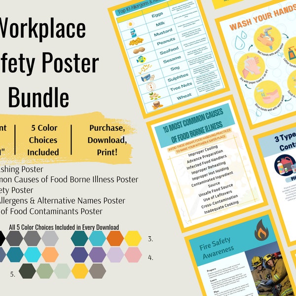 Food Safety Poster Bundle, Restaurant Safety Poster, Food Info Posters, Kitchen Poster, Digital Download, Instantly Download and Print