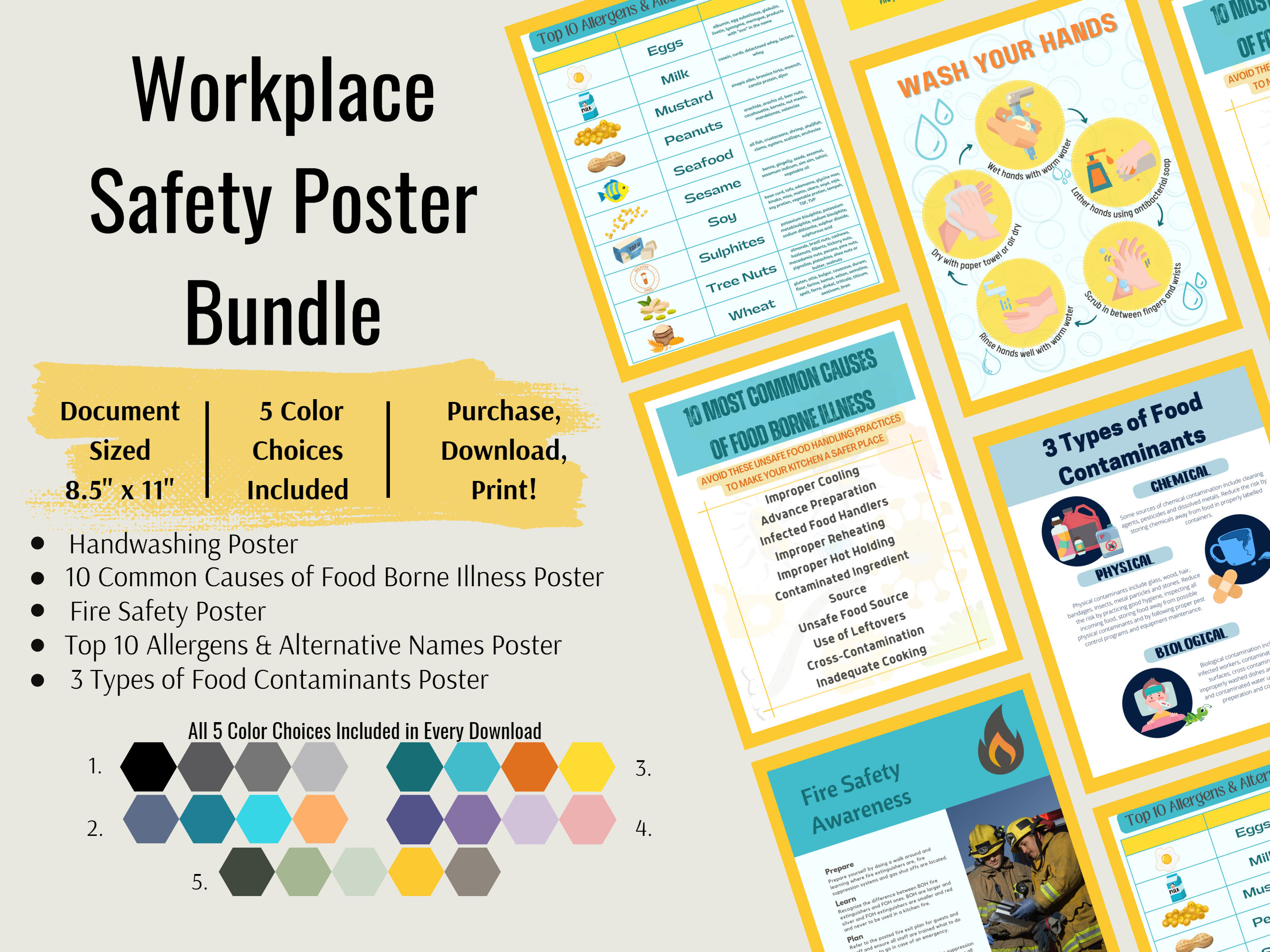 Food Safety Poster Bundle, Restaurant Safety Poster, Food Info Posters