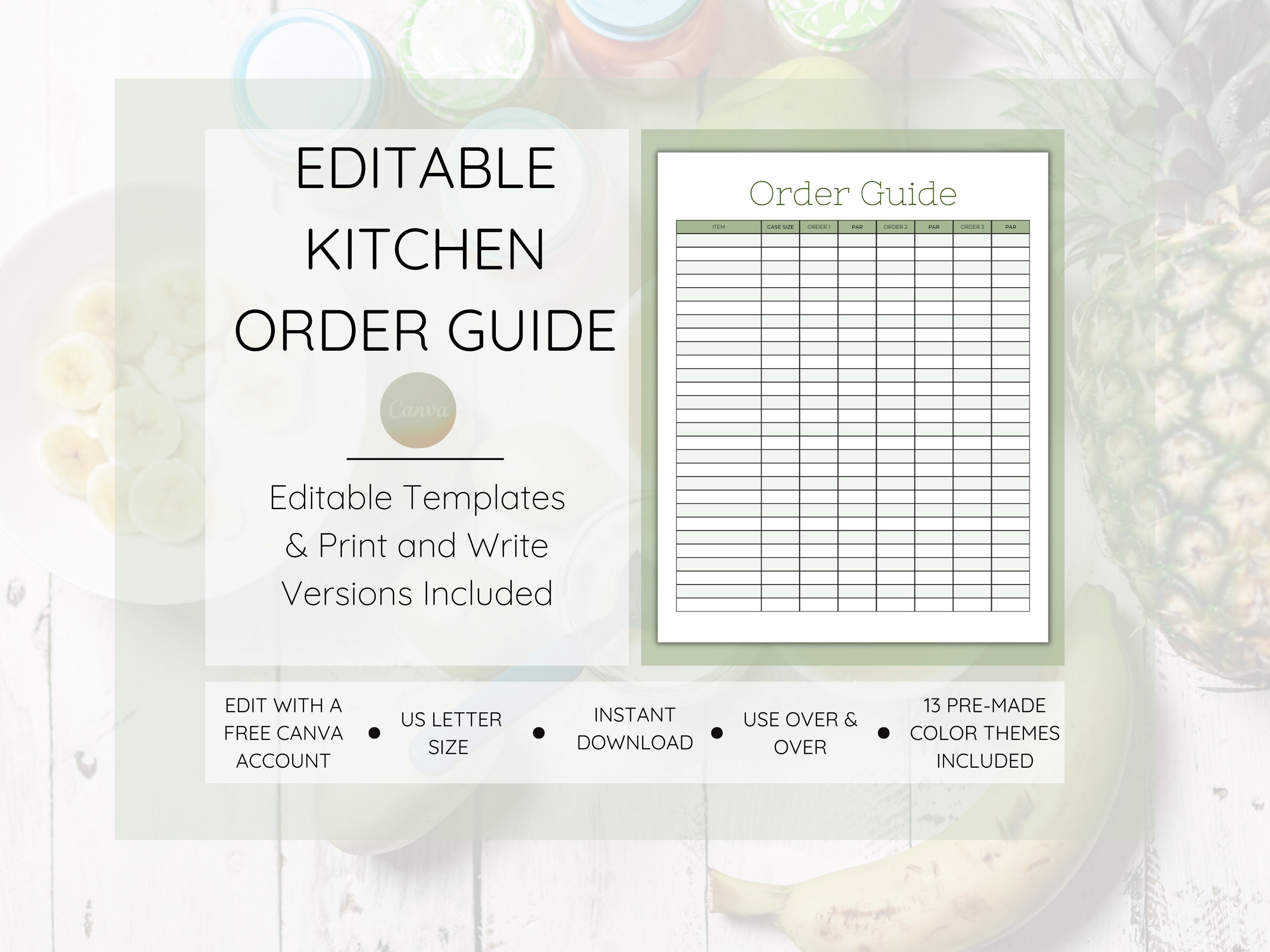Restaurant Order Guide, Kitchen Order Guide, Par List, Editable Order Restaurant Order Guide, Kitchen Order Guide, Par List, Editable Order