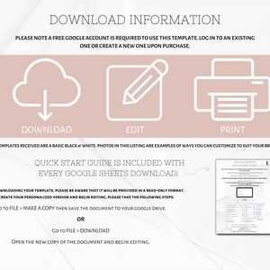 Pu&ograve; includere: Una grafica rosa e bianca con il testo "Download Information" e istruzioni su come scaricare e modificare un modello di Google Sheets. La grafica include icone per scaricare, modificare e stampare.