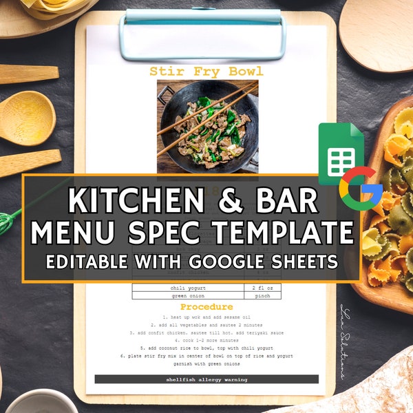 Fiches techniques de menus pour restaurants et bars, modèles de recettes et de menus, modifications avec Google Sheets, supports de formation sur les menus, modèles de menus