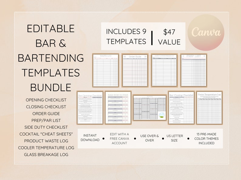 Bartender Checklist Bundle Editable Bar Checklist Bundle Etsy