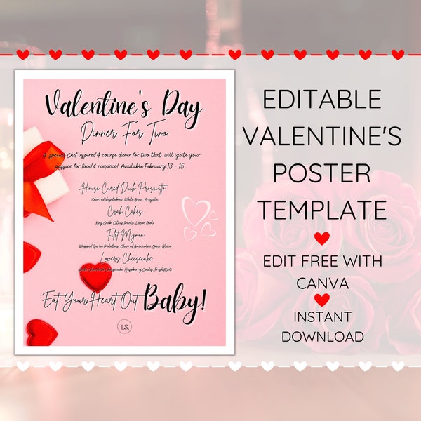 Valentine's Dinner Restaurant Poster, Valentines Poster, Valentines Flyer, Editable Romantic Dinner Poster, Instant Download, Heart Poster