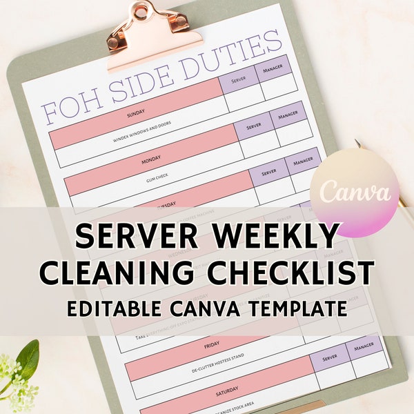 Server Extra Cleaning Checklist Template, Server Side Duty Checklist, Editable Server Checklist Template, Restaurant & Bar Server Checklist