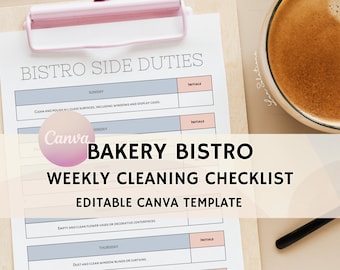 Bakery Bistro Weekly Cleaning Checklist, Fully Customizable, Edit Free with Canva, Bakery Operations Tools, Bistro Cleaning Checklist