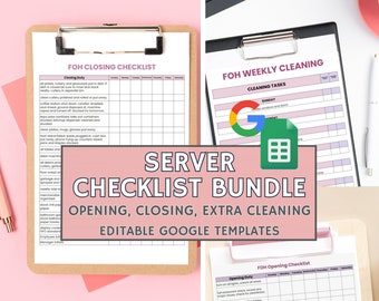 Server Checklist Template Bundle, Restaurant & Bar Server Checklists, Editable Server Cleaning Templates, Edit with Google Sheets