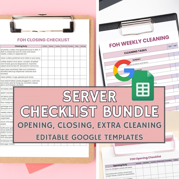 Server Checklist Template Bundle, Restaurant & Bar Server Checklists, Editable Server Cleaning Templates, Edit with Google Sheets