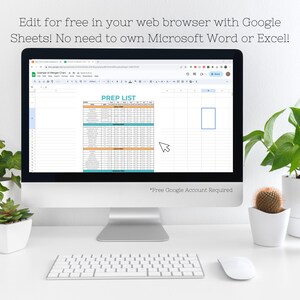 Pu&ograve; includere: Uno schermo di computer che mostra un foglio di calcolo di Google Sheets con il titolo "PREP LIST". Il foglio di calcolo &egrave; pieno di dati e ha uno schema di colori blu e arancione. Il testo "Edit for free in your web browser with Google Sheets! No need to own Microsoft Word or Excel!" &egrave; visualizzato sopra lo schermo. Il testo "*Free Google Account Required" &egrave; visualizzato sotto lo schermo.
