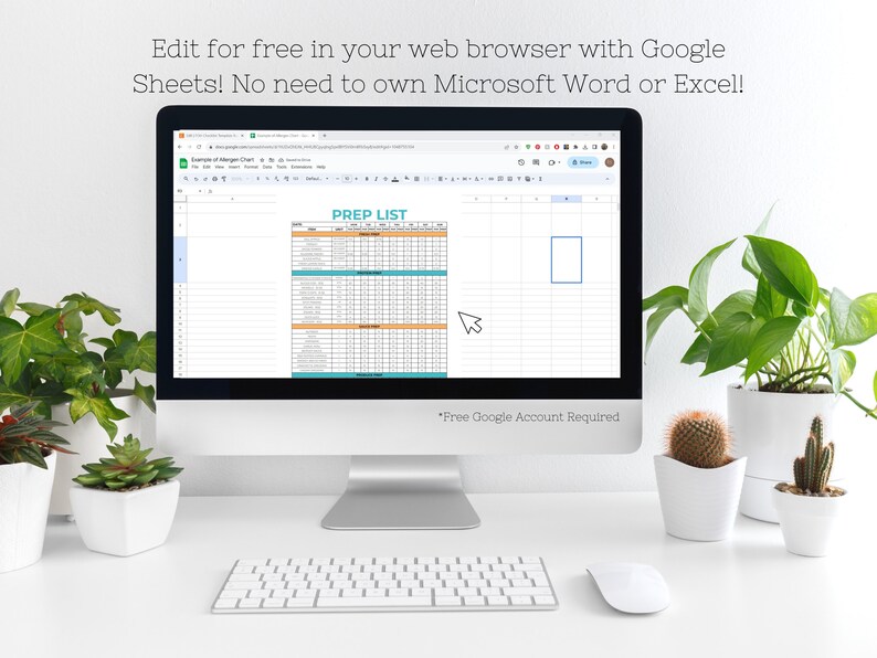 Pu&ograve; includere: Uno schermo di computer che mostra un foglio di calcolo di Google Sheets con il titolo "PREP LIST". Il foglio di calcolo &egrave; pieno di dati e ha uno schema di colori blu e arancione. Il testo "Edit for free in your web browser with Google Sheets! No need to own Microsoft Word or Excel!" &egrave; visualizzato sopra lo schermo. Il testo "*Free Google Account Required" &egrave; visualizzato sotto lo schermo.