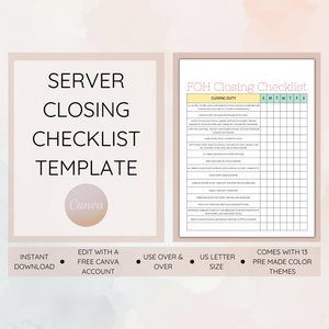 FOH Closing Checklist Template, Server Closing Checklist, Editable Restaurant Templates, Edit Free with Canva, Instant Download, PDF File