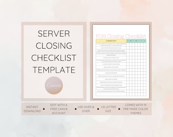 FOH Closing Checklist Template, Server Closing Checklist, Editable Restaurant Templates, Edit Free with Canva, Instant Download, PDF File