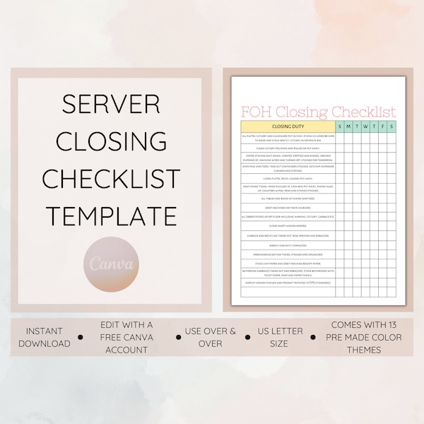 FOH Closing Checklist Template, Server Closing Checklist, Editable Restaurant Templates, Edit Free with Canva, Instant Download, PDF File