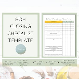 BOH Closing Checklist Template, Editable Kitchen Template for Restaurants & Food Service Kitchens, Instant Download, Edit Free with Canva