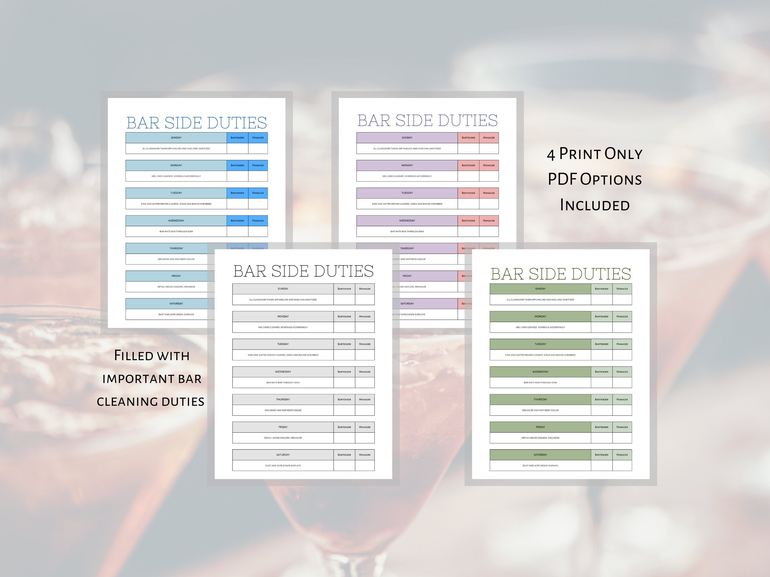 Bar Side Duties Checklist Bartender Checklist Bar Side Work Etsy