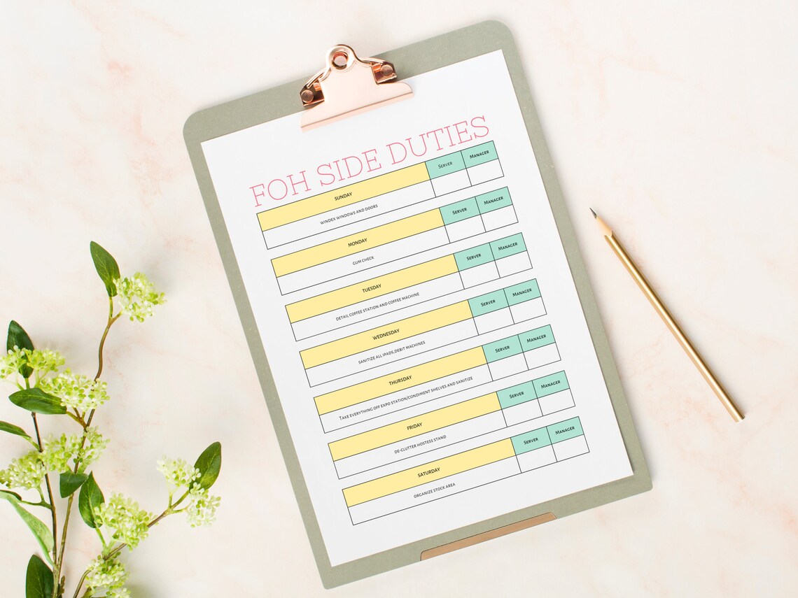 Server Extra Cleaning Checklist Template, Server Side Duty Checklist ...