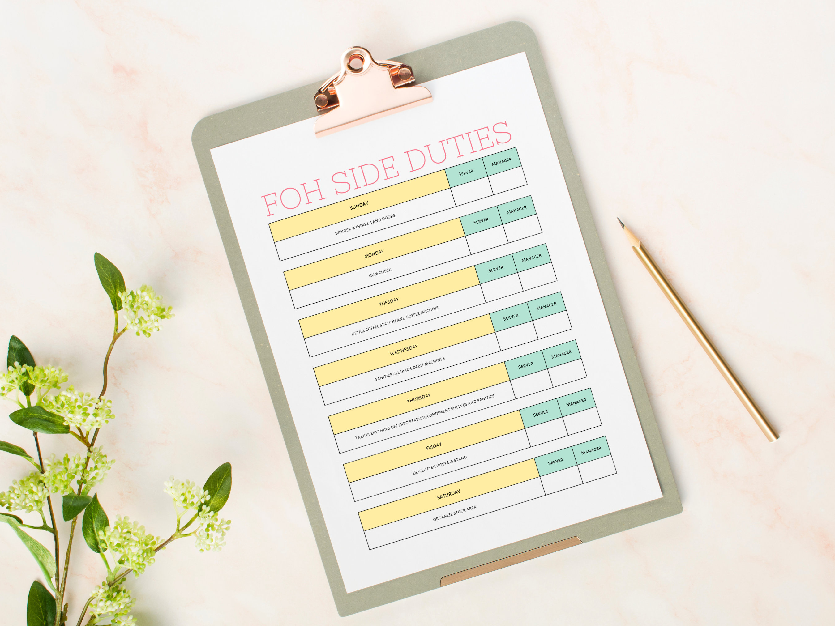 Server Extra Cleaning Checklist Template, Server Side Duty Checklist ...