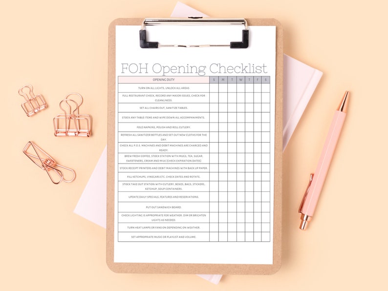 FOH Opening Checklist Server Opening Checklist Editable Etsy