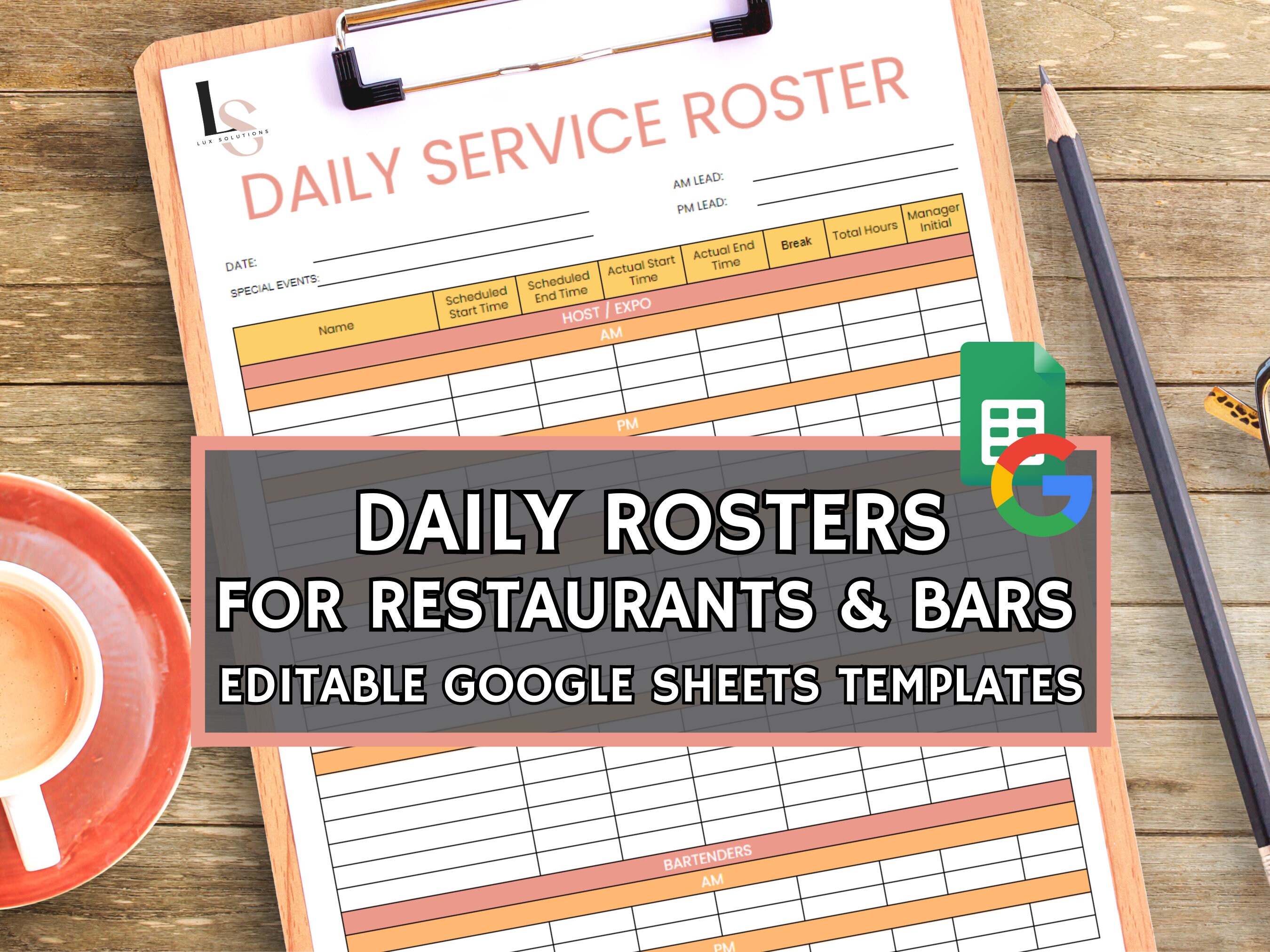 Daily Roster for Restaurants & Bars, Schedule Template for Restaurants, Editable Google Sheets Template, Business Time Card, Sign in Sheet