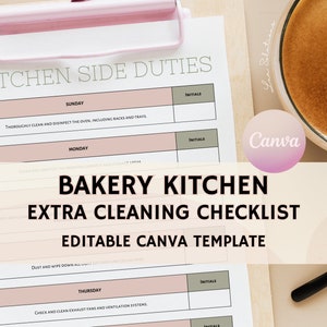 Checkliste für die Reinigung der Bäckerei, vollständig anpassbar, kostenlos bearbeiten mit Canva, Checkliste für die Küchenreinigung, Werkzeuge für den Betrieb in der Bäckerei, Sofort-Download