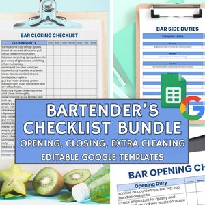 Bar Checklist Bundle, Editable Templates for Bartenders, Opening, Closing, Weekly Cleaning Checklists, Edit with Google Sheets, Customizable